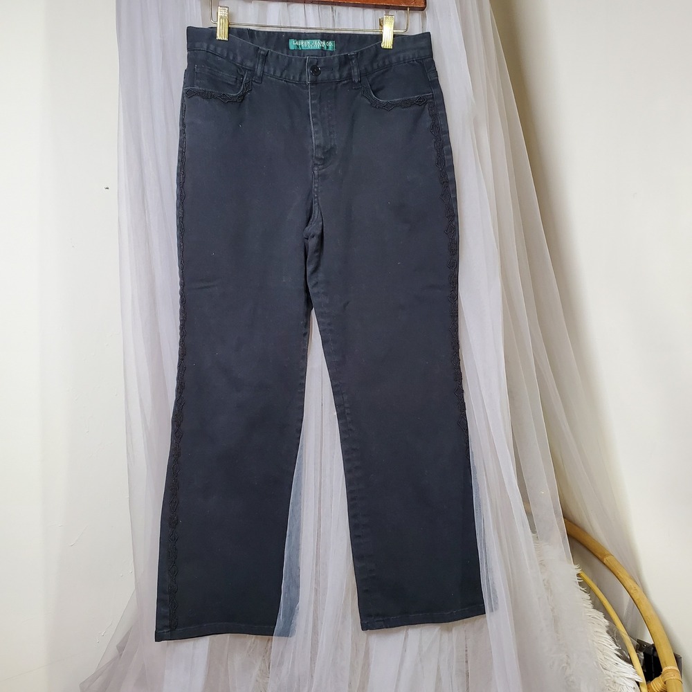Lauren Ralph Lauren Black Boho Jeans Cottage Beaded Trim‎ Retro Grandmacore 10P